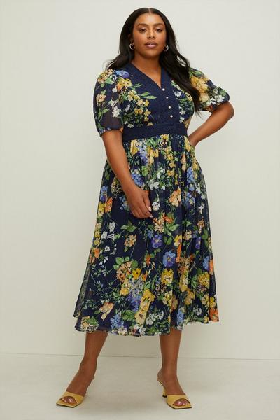 Oasis navy Plus Size Floral Dobby Lace V Neck Midi Dress
