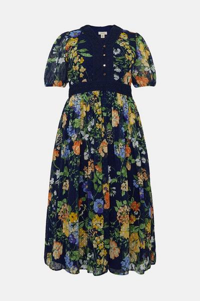 Oasis navy Plus Size Floral Dobby Lace V Neck Midi Dress