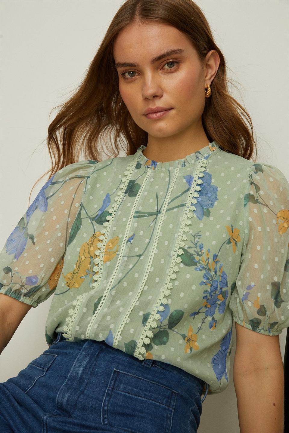 Tops | Lace Trim Dobby Chiffon Floral Blouse | Oasis