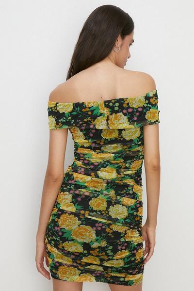 Oasis black Floral Bardot Ruched Mesh Mini Dress