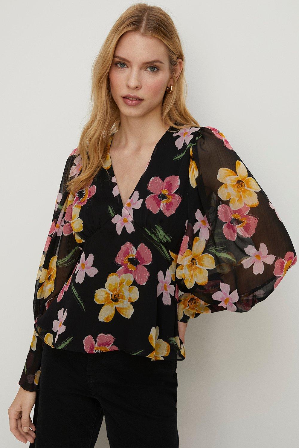 Tops | Floral Chiffon Long Sleeve Top | Oasis