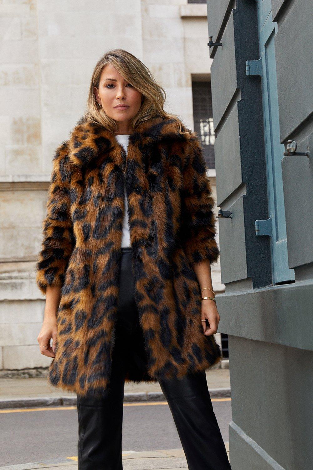 Oasis Rachel Stevens Collared Animal Faux Fur Midi Coat | Debenhams