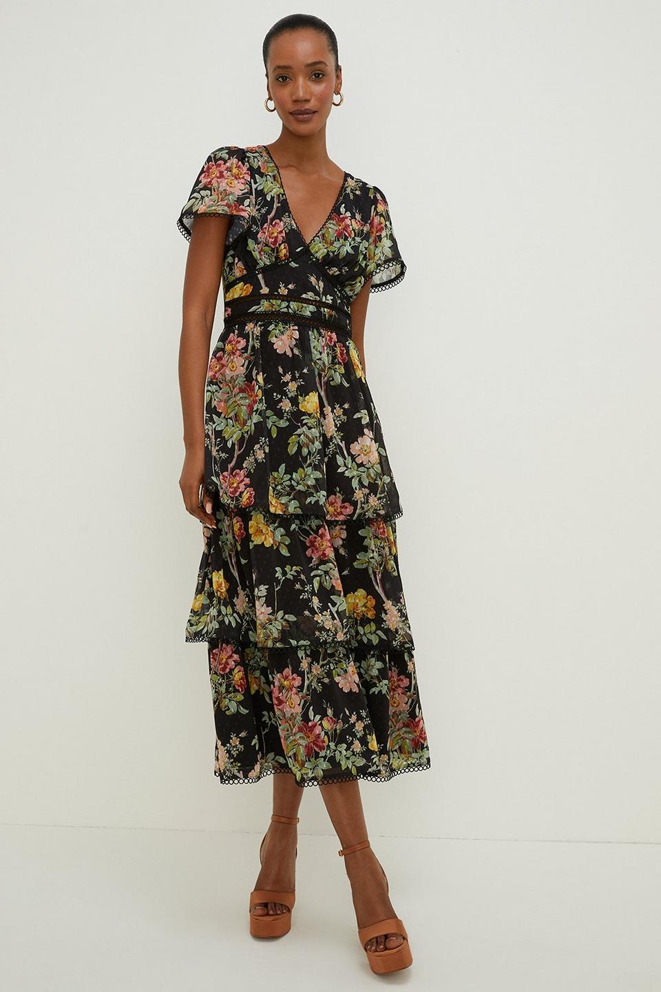 Dresses | Dark Floral Dobby Tiered V Neck Midi Dress | Oasis