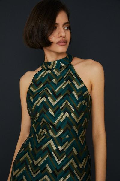 Oasis green Patterned Jacquard Halter Aline Dress