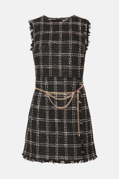 Oasis black Sparkle Check Tweed Chain Belt Mini Dress
