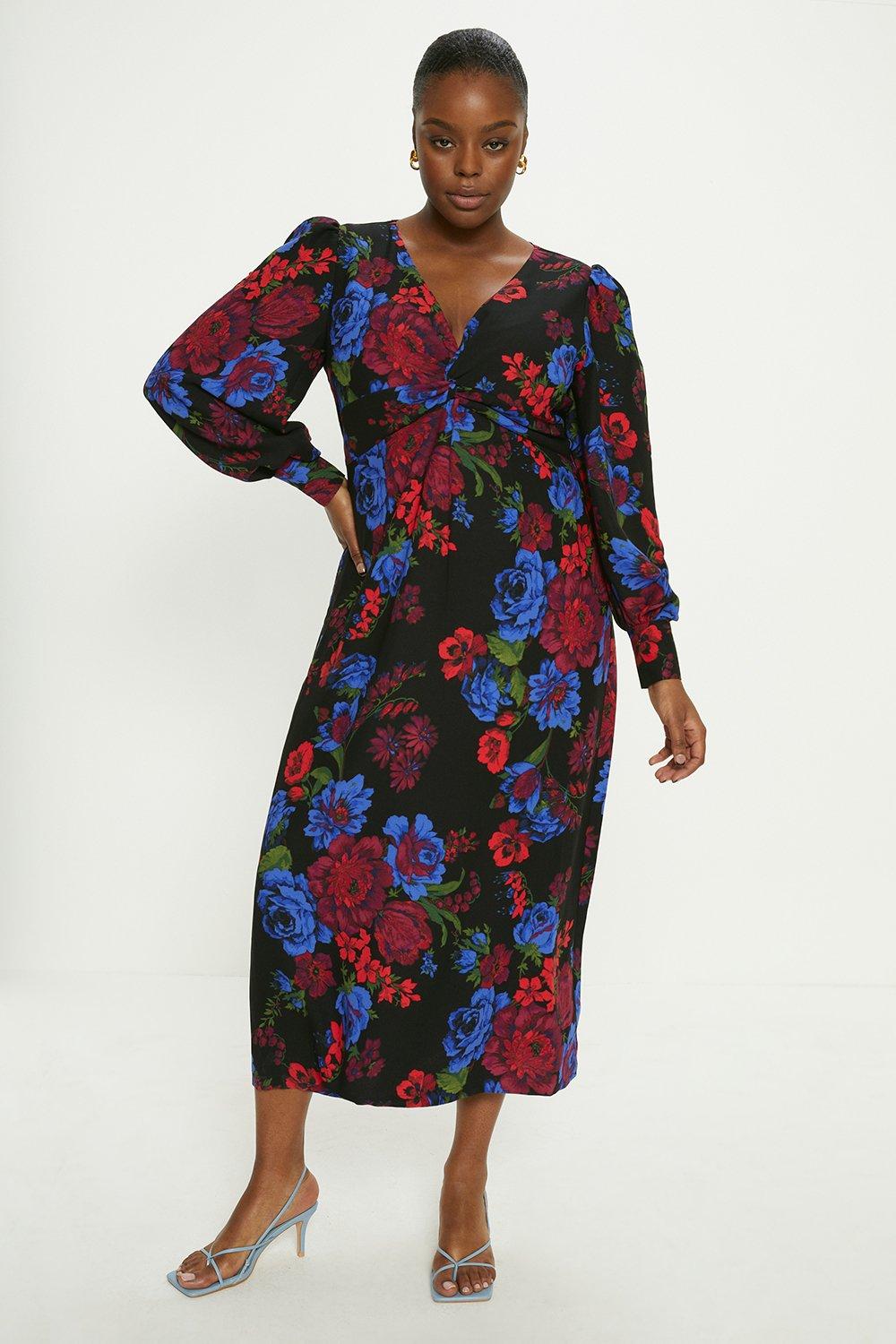 Oasis Plus Size Floral Printed Twist Front Crepe Midi Dress | Debenhams