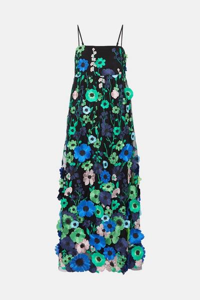 Oasis black 3d Colourful Floral Babydoll Midi Dress