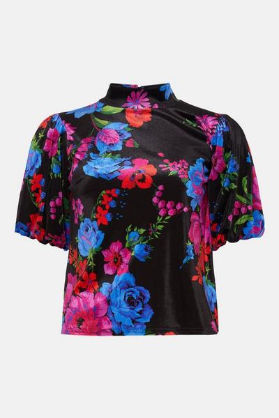 Oasis black Floral Velvet Puff Sleeve Top