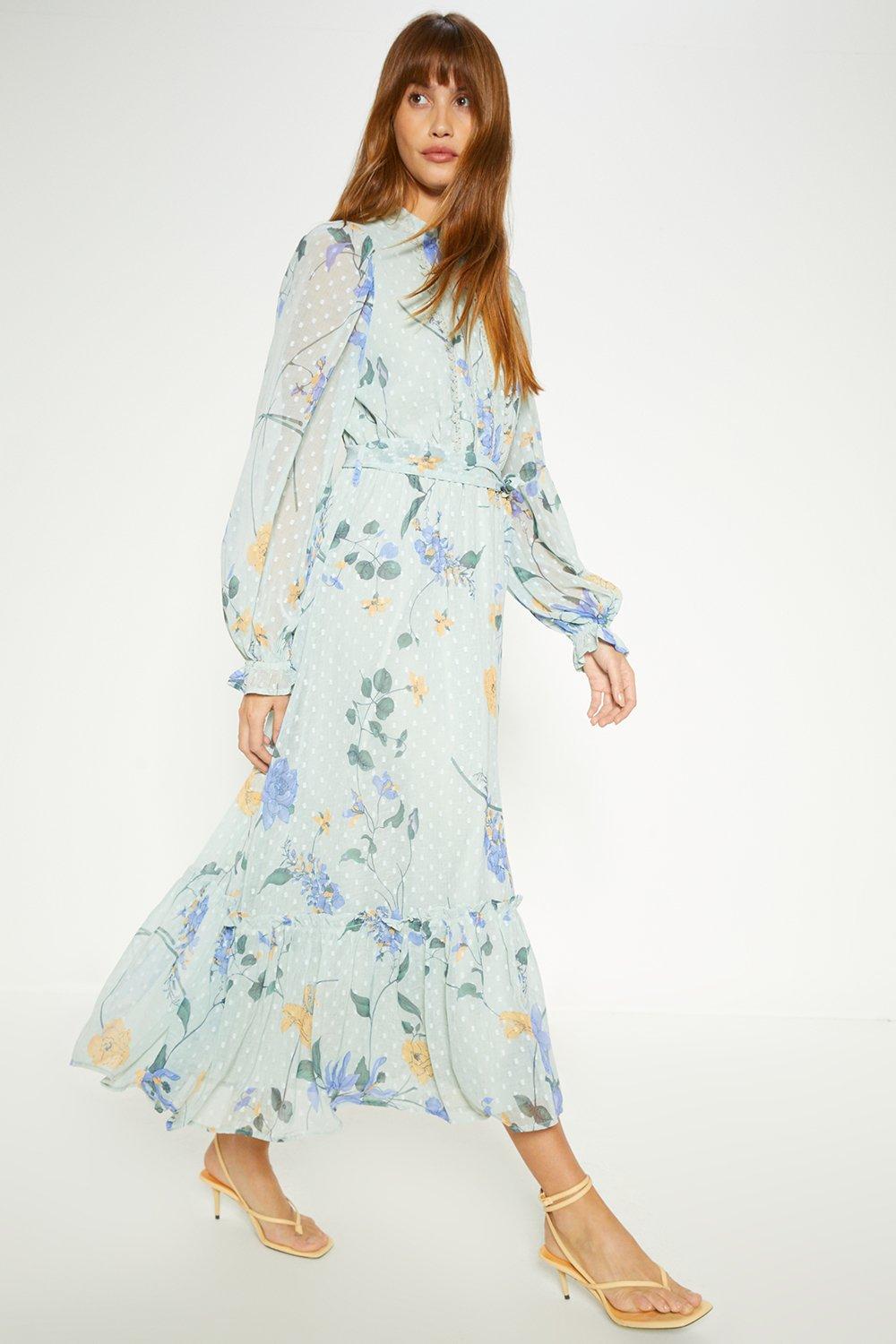 Dresses | Lace Trim Eastern Dobby Floral Midi Dress | Oasis