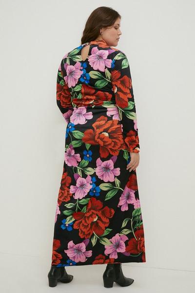 Oasis black Plus Size Floral Velvet Funnel Neck Ruched Side Midi Dress