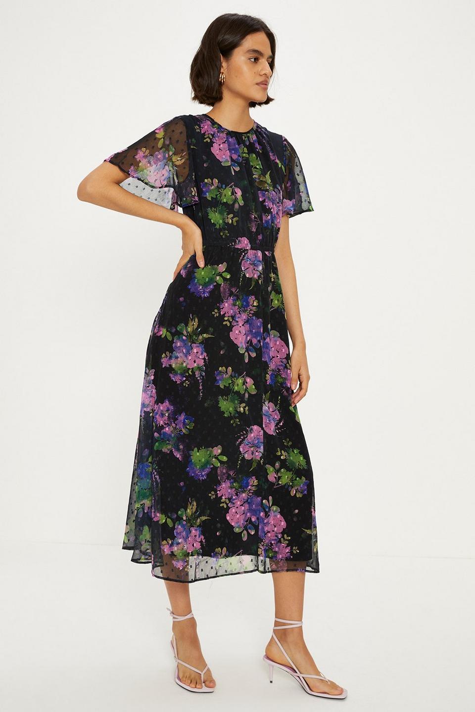 Dresses | Floral Dobby Chiffon Angel Sleeve Dress | Oasis