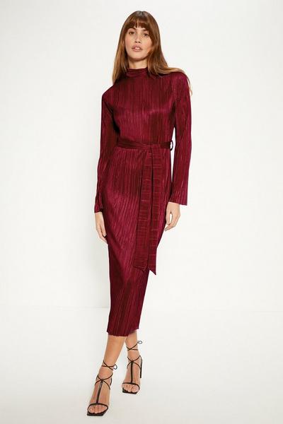 Oasis berry Plisse Belted Midi Dress
