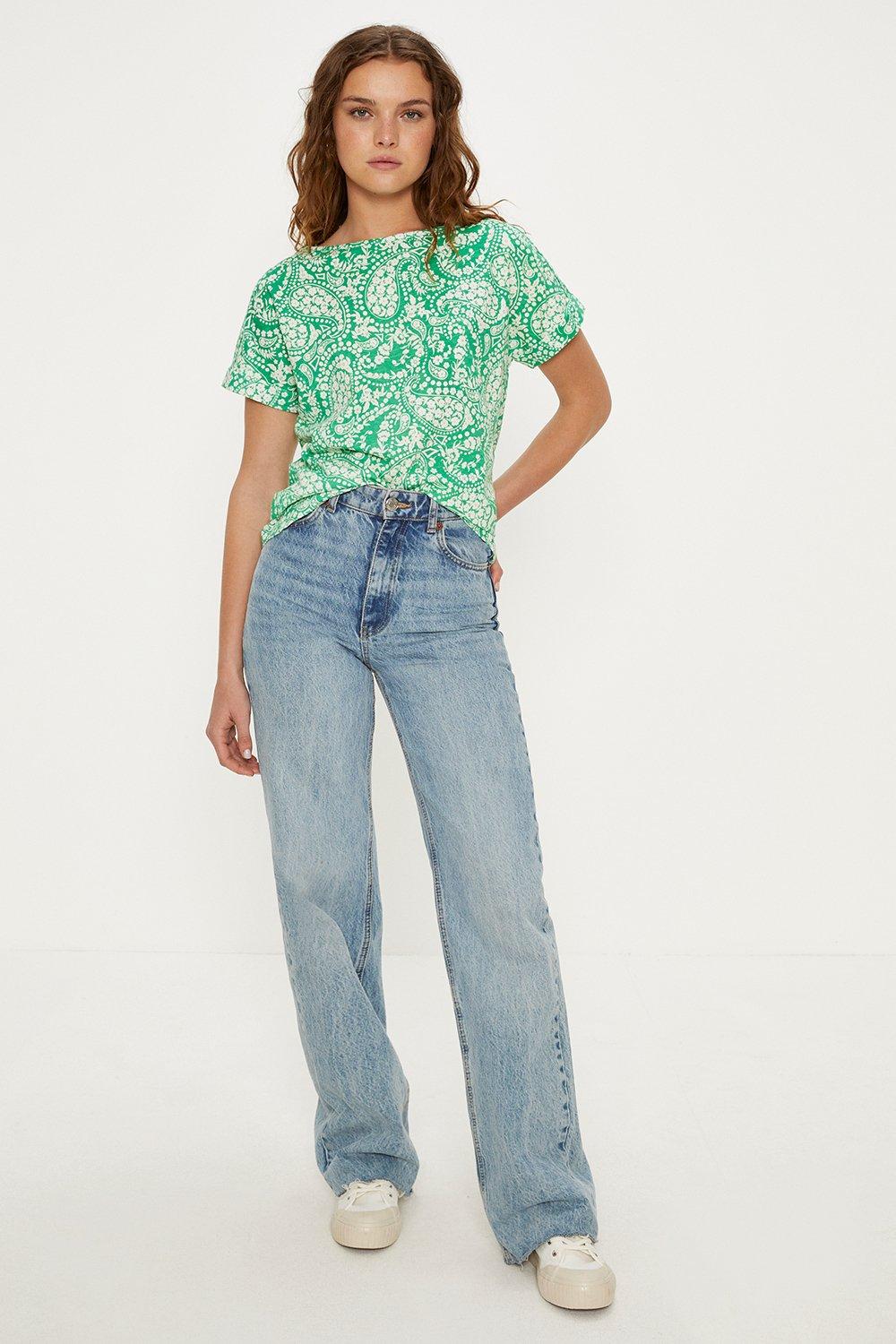 Oasis Essential Cotton Paisley Floral Roll Sleeve Slub T-shirt | Debenhams