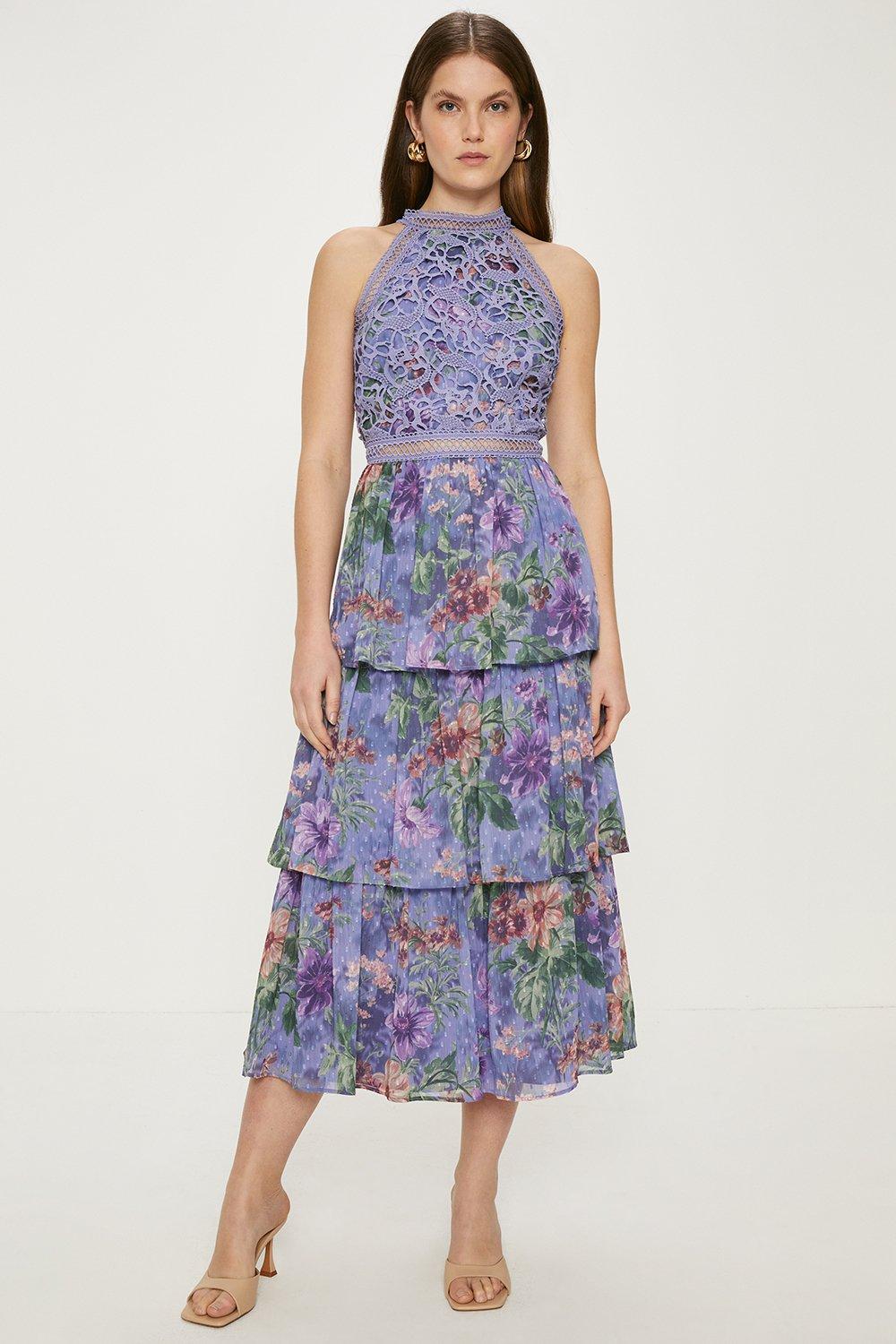 Oasis Floral Lace Halter Neck Tiered Midi Dress | Debenhams