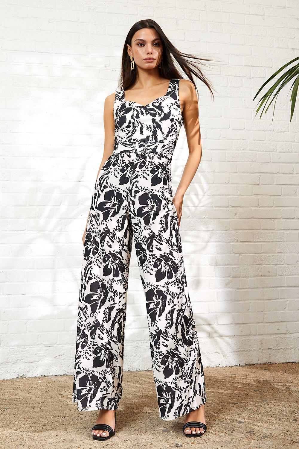 Jumpsuits | Mono Floral Sweetheart Neck Belted Jumpsuit | Oasis