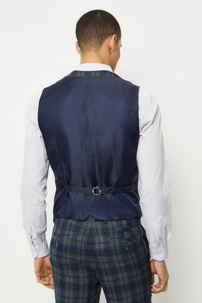 Burton blue Skinny Fit Navy Green Check Waistcoat