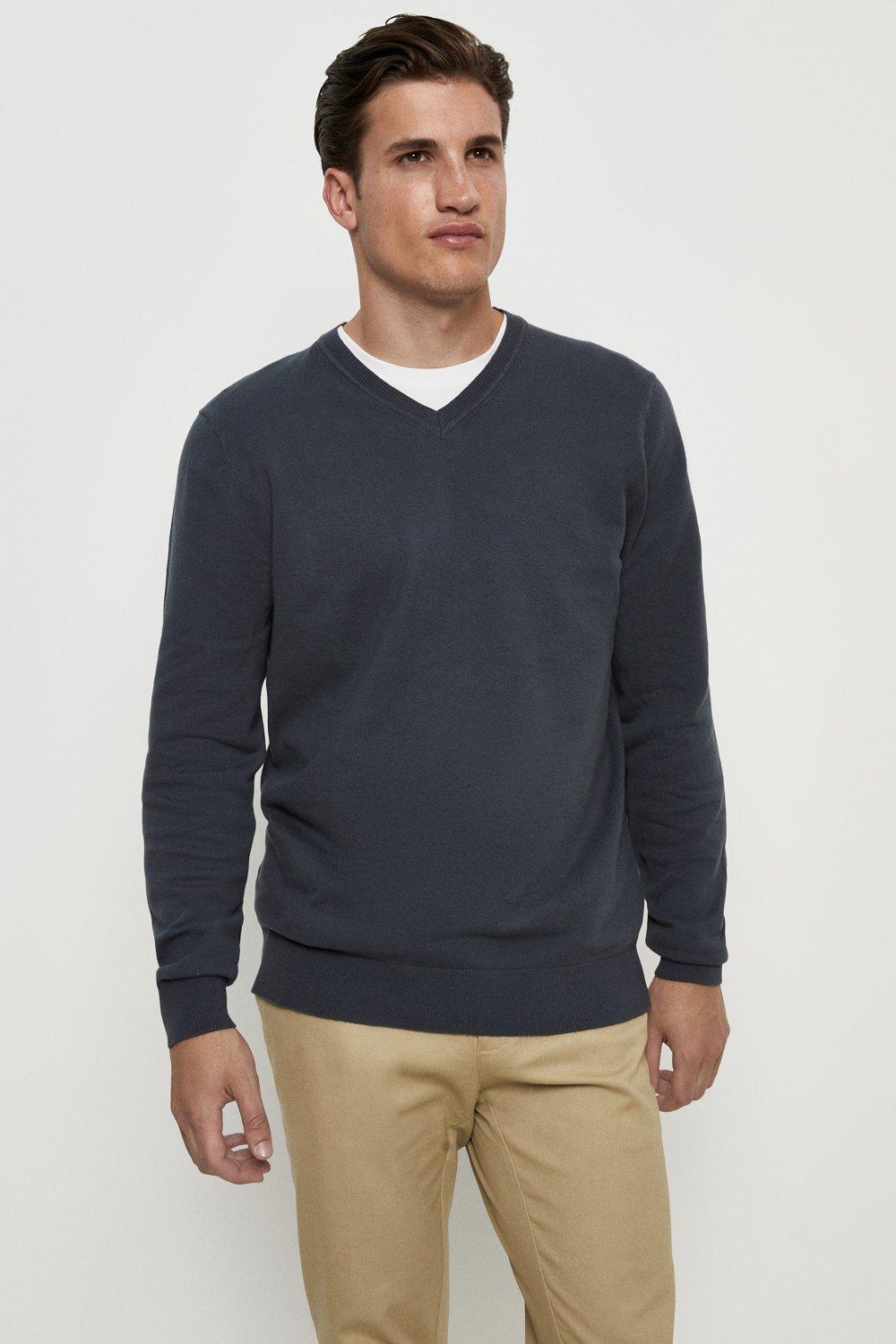 Jumpers & Cardigans | Cotton Rich Petrol Blue Knitted V-Neck Jumper ...