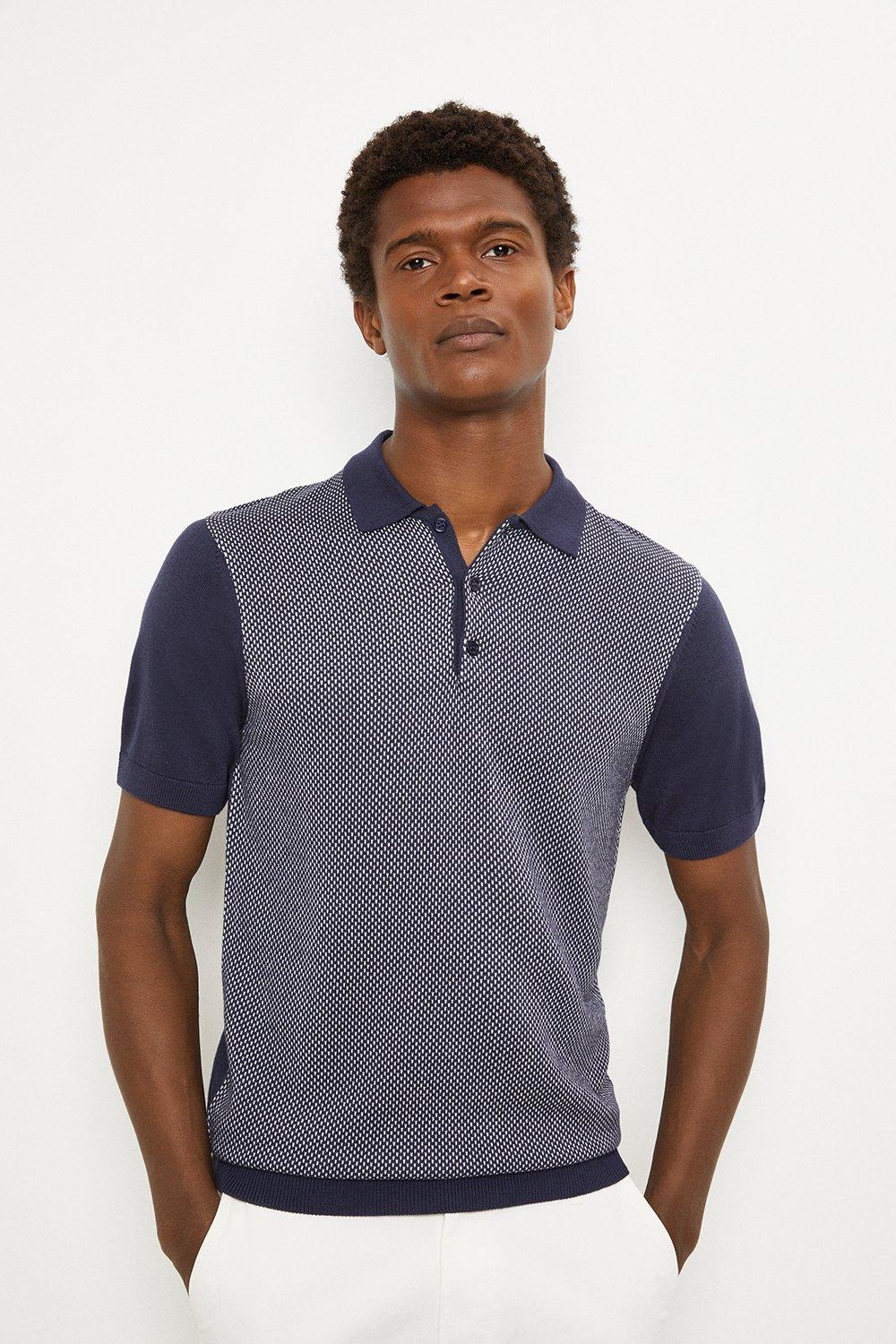 Polos | Cotton Rich Navy Birdseye Textured Knitted Polo Shirt | Burton