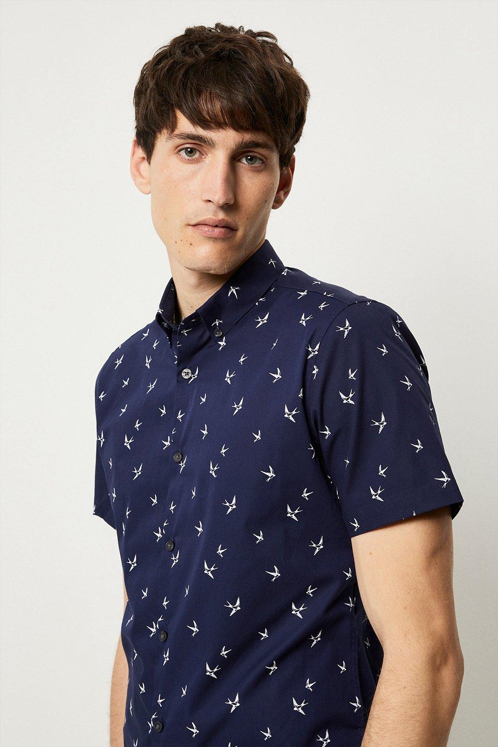 Men’s Button Up Short Sleeve Dress Shirt, Bird Print Navy / XL