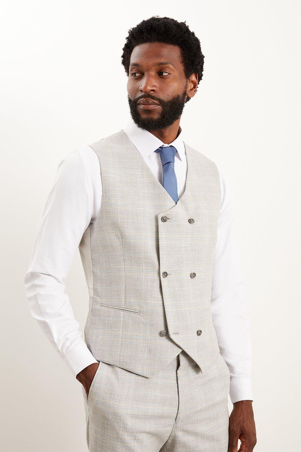 Burton Tailored Fit Grey Textured Check Waistcoat | Debenhams
