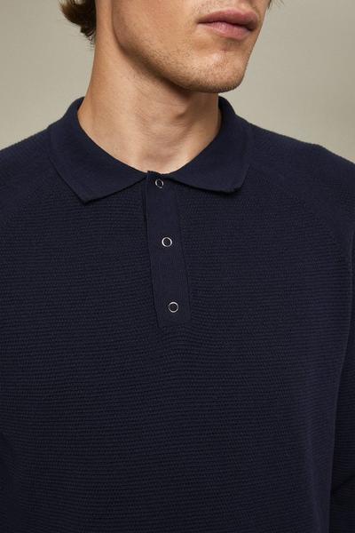 Burton navy Pure Cotton Navy Textured Long Sleeve Snap Knitted Polo Shirt