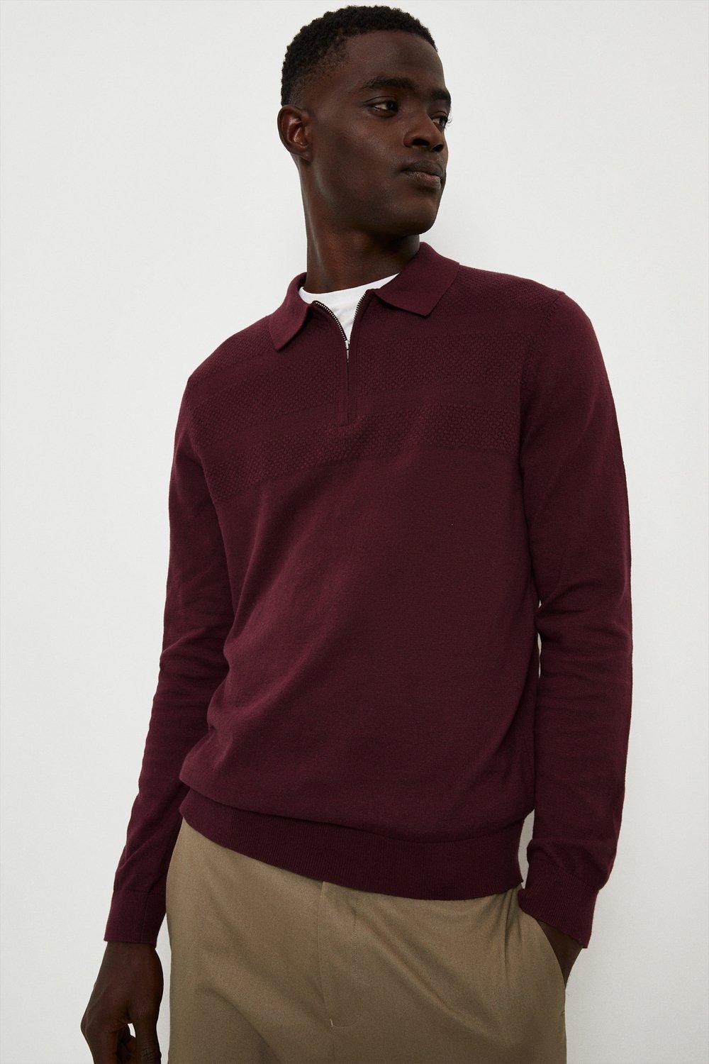 Polos | Pure Cotton Burgundy Textured Panel Zip Up Knitted Polo Shirt ...