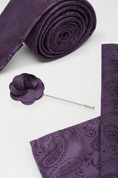 Burton purple Purple Wedding Paisley Tie Set With Lapel Pin