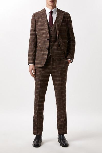 Burton brown Slim Fit Brown Check Suit Waistcoat