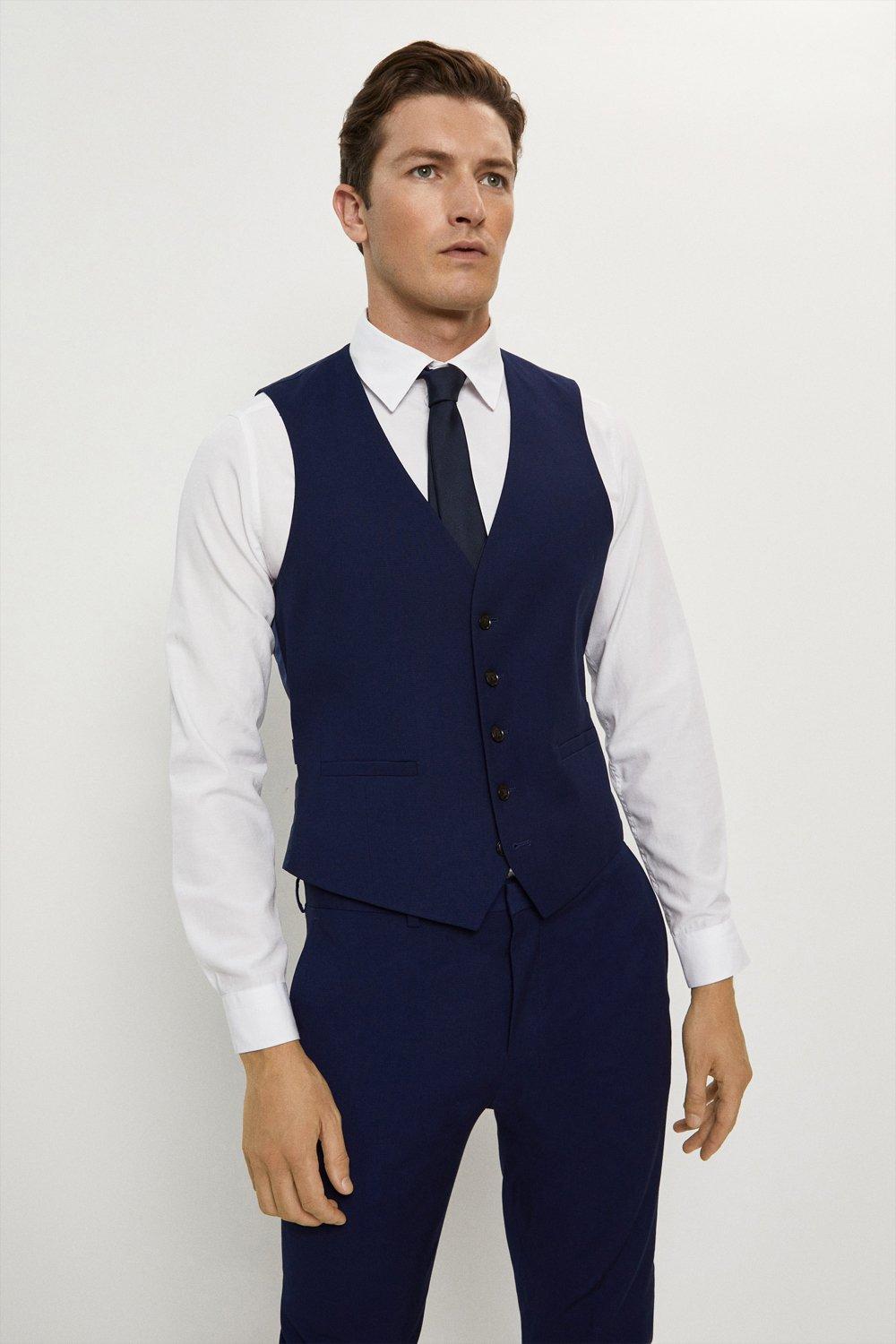Suits | Skinny Fit Navy Textured Suit Waistcoat | Burton
