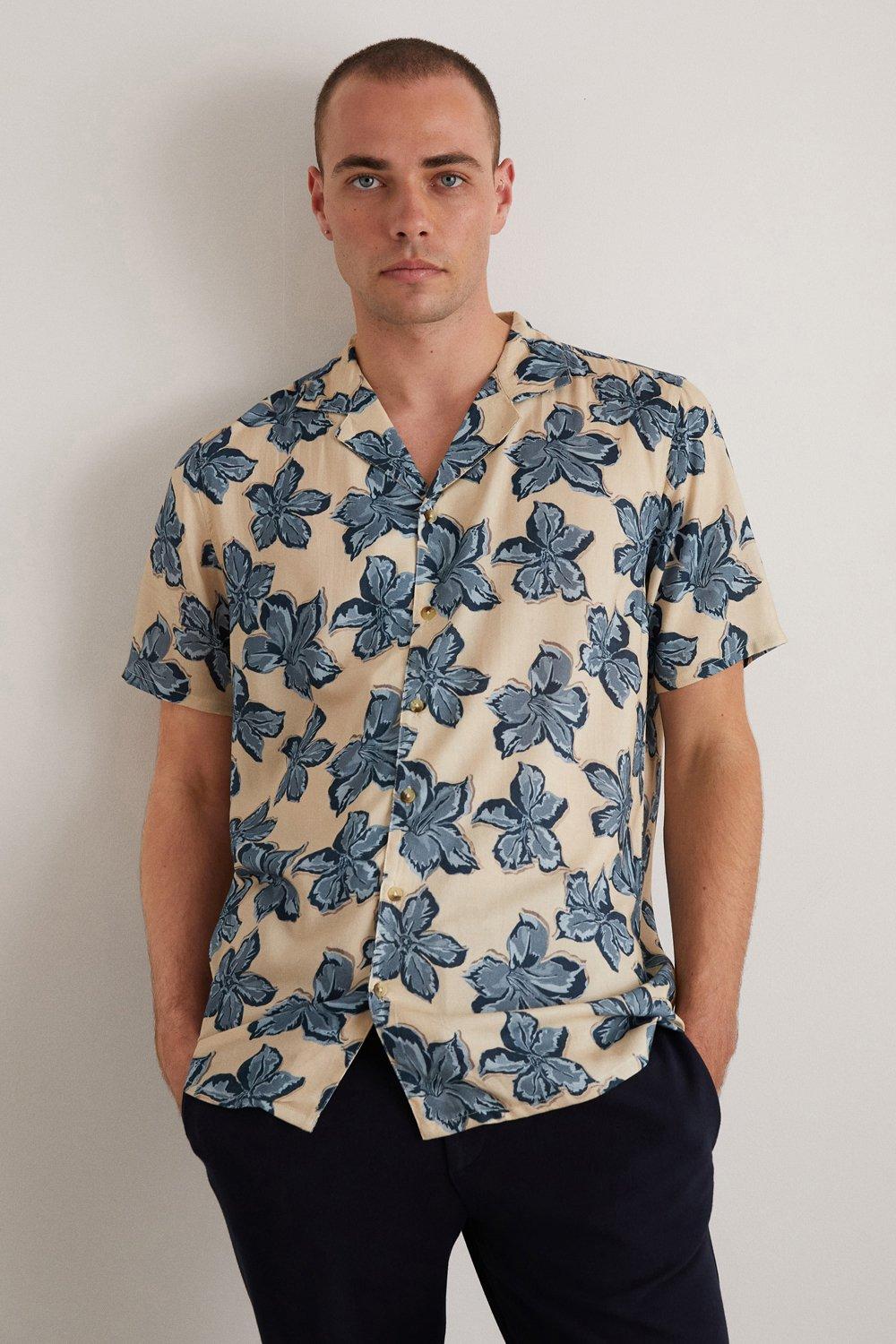 Shirts | Ecru Floral Print Viscose Revere Shirt | Burton