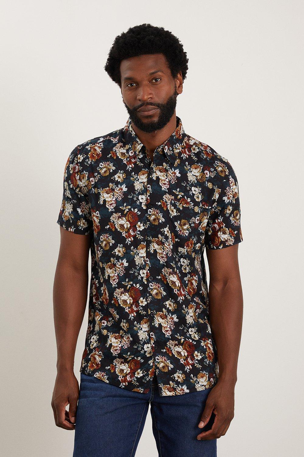 Burton Short Sleeve Navy Floral Shirt | Debenhams