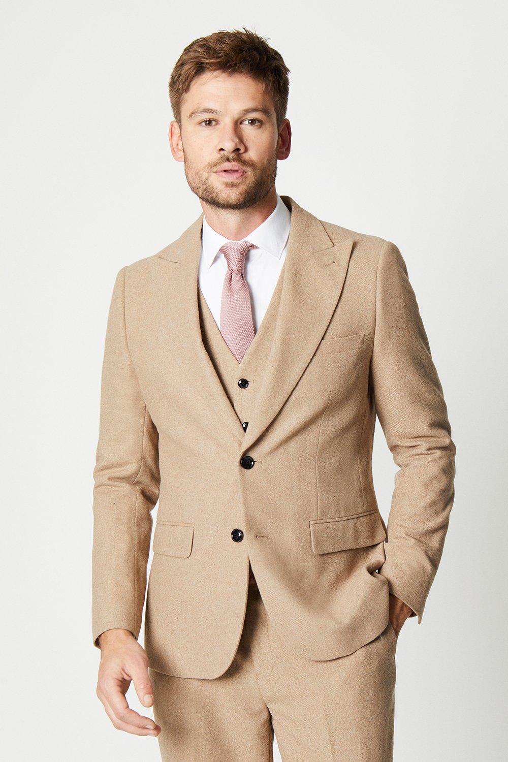 Mens Slim Fit Neutral Tweed Suit Jacket from Burton