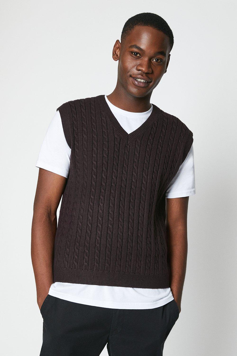 Mens Cable Knit V Neck Vest at Burton