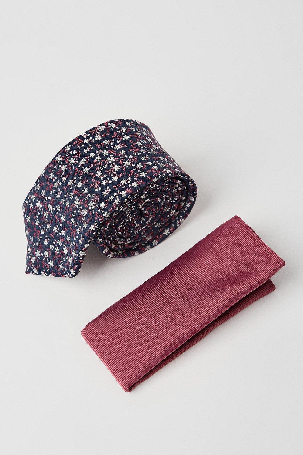 Mens Slim Ditsy Floral Tie With Square