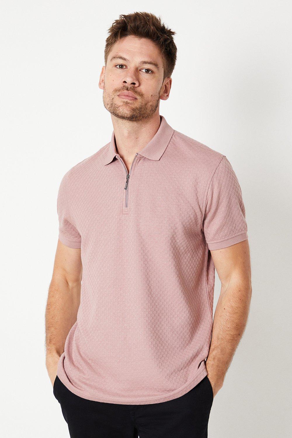 Mens Jacquard Texture Zip Polo Shirt