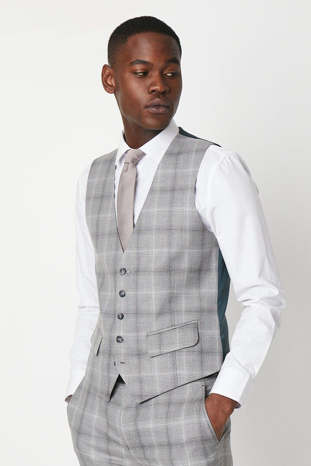 Mens Grey Fine Check Slim Fit Waistcoat