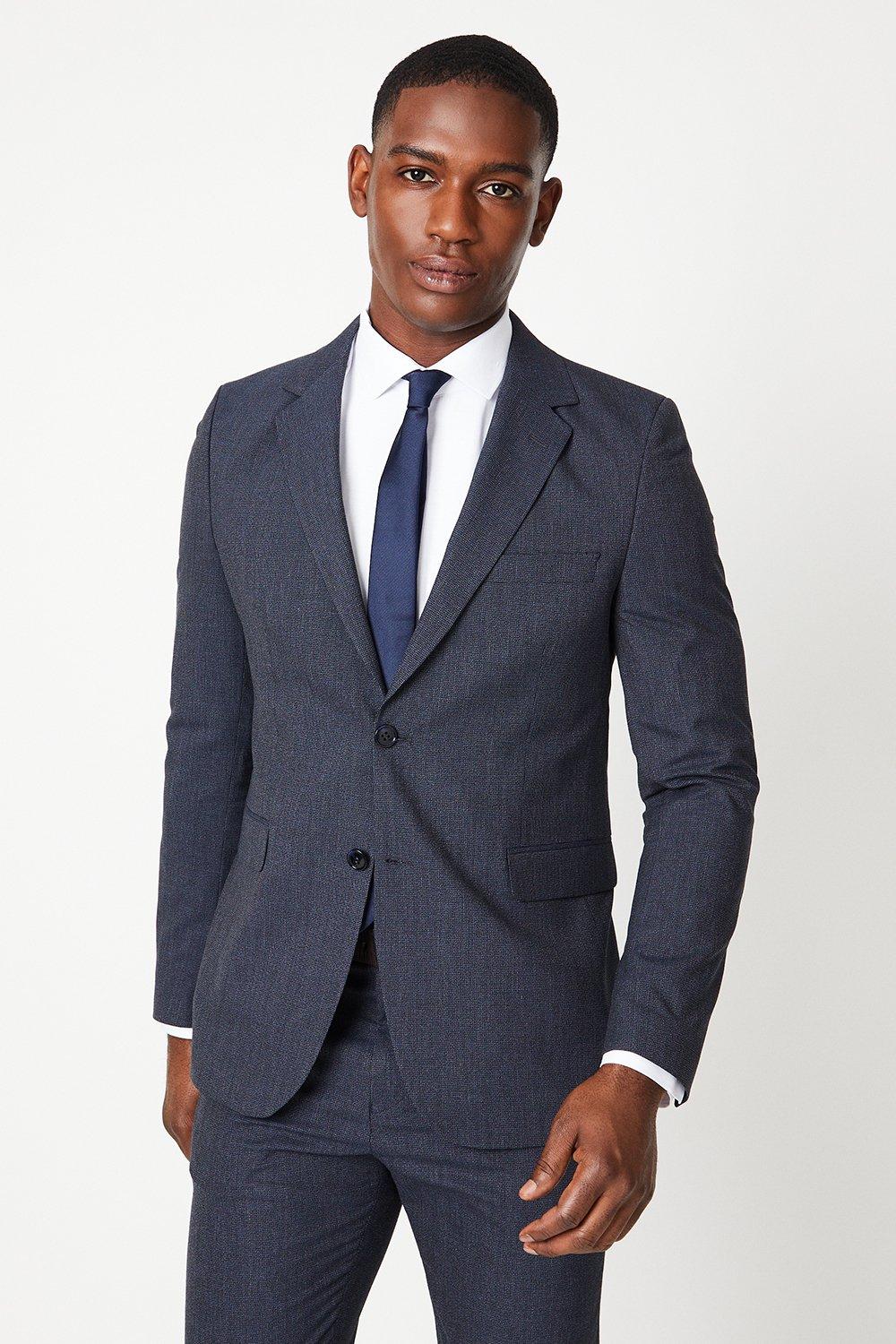 Mens Slim Navy Puppytooth Suit Jacket at Burton