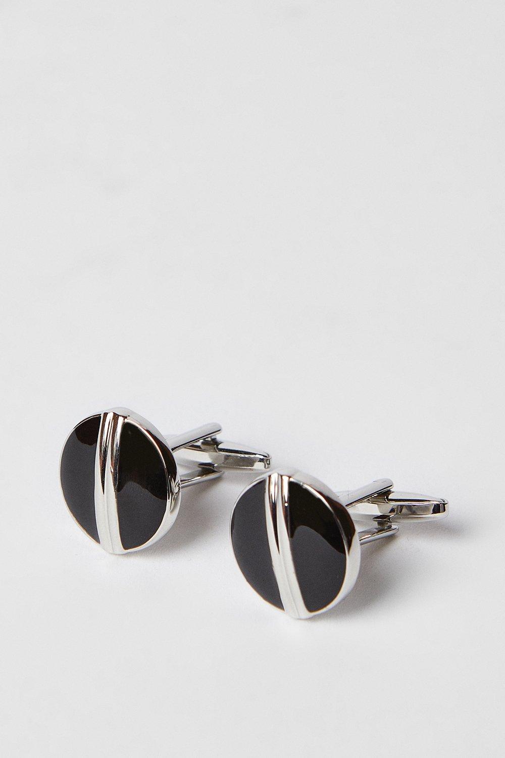 Mens Round Silver & Black Cufflinks