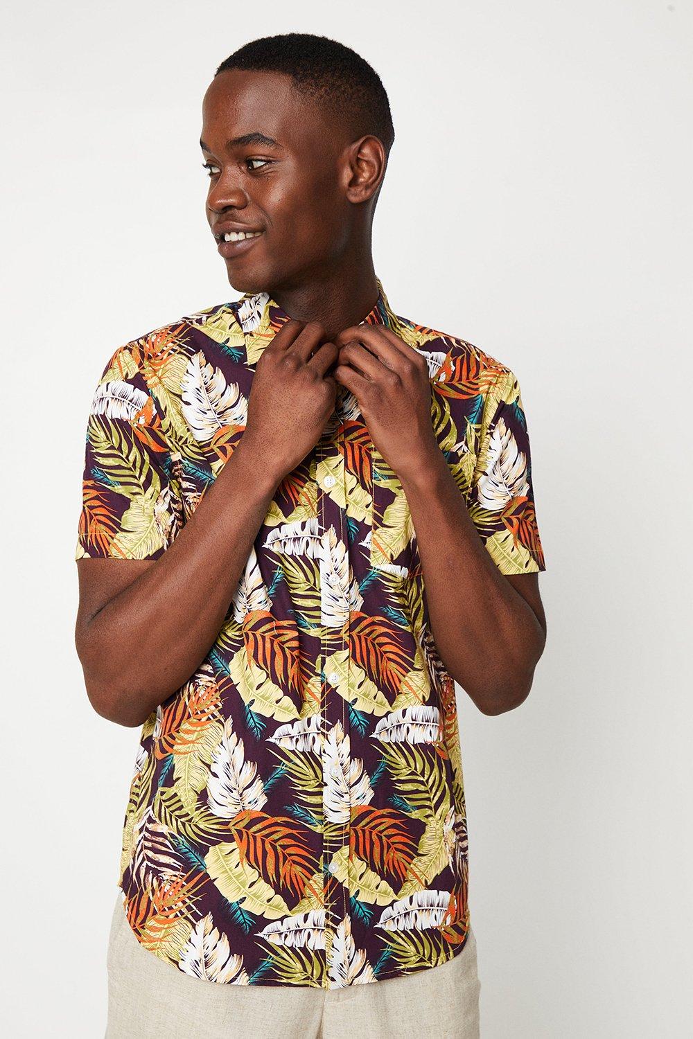 Mens Summer Leaf Print Short Sleeve Shirt