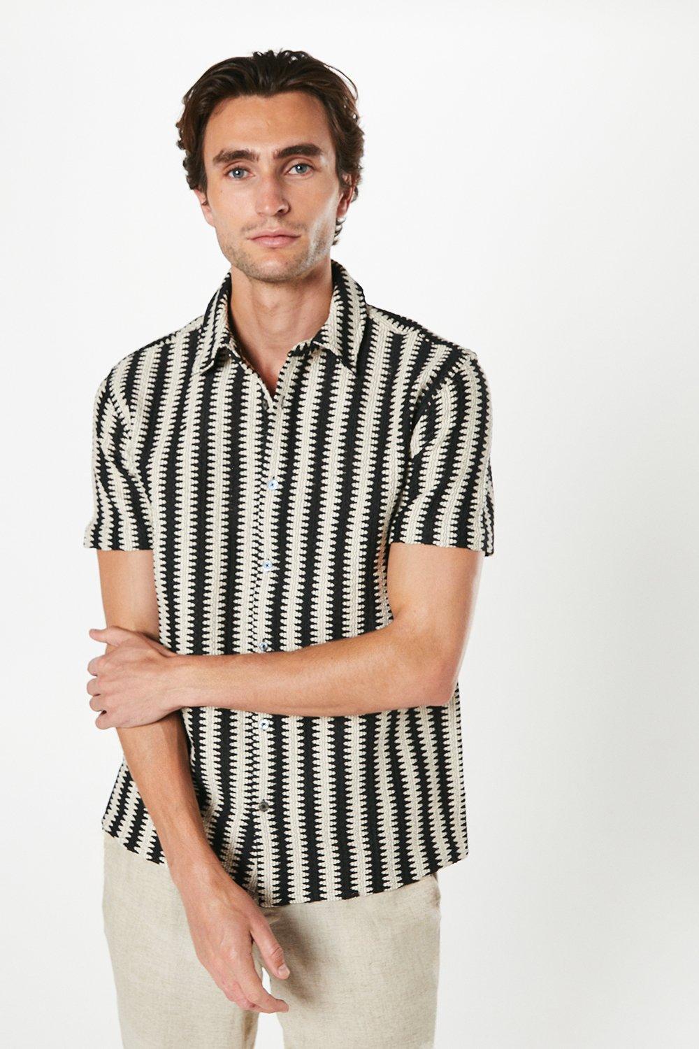 Mens Stripe Knit Detail Short Sleeve Shirt