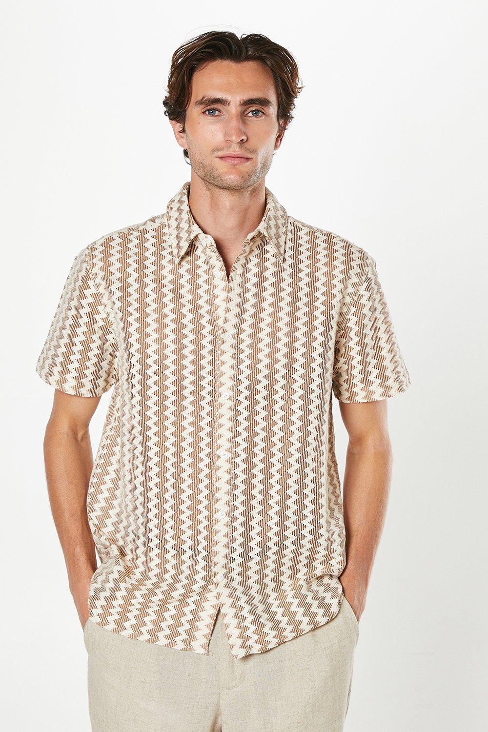 Mens Zig Zag Stripe Fine Knit Short Sleeve Shirt