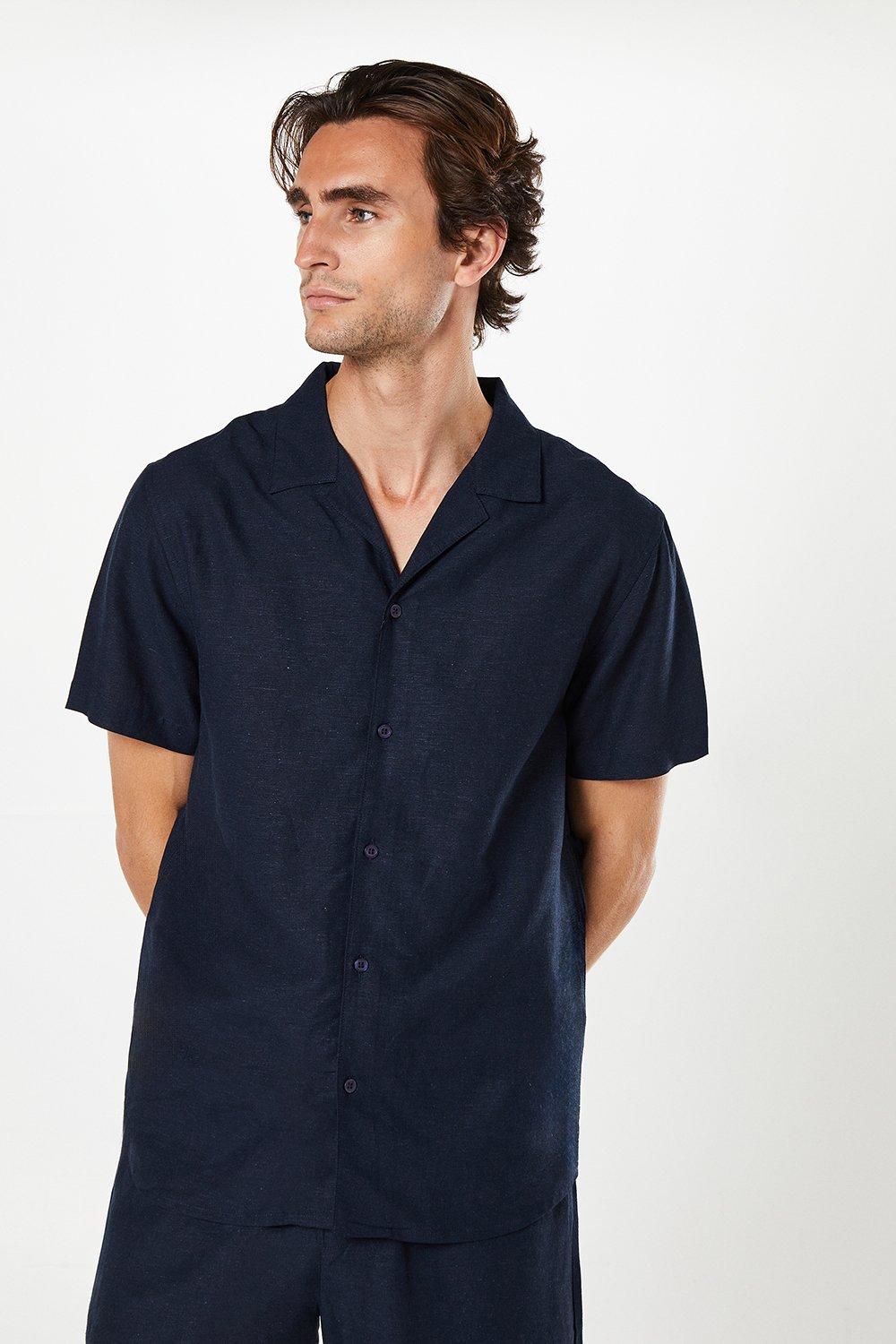 Mens Linen Blend Short Sleeve Revere Collar Shirt