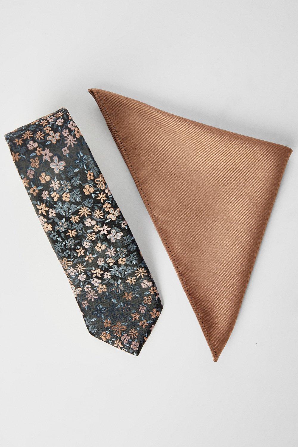 Mens Rust Ditsy Tie And Twill Pocket Square