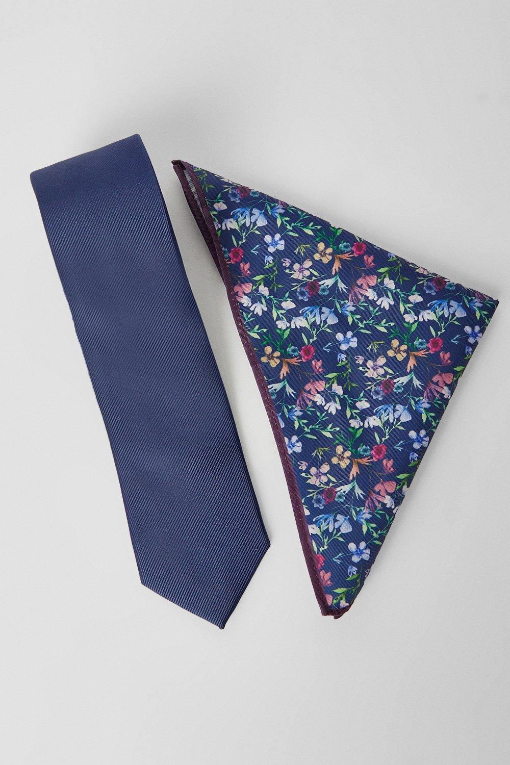 Mens Autumn Navy Tie And Floral Pocket Square