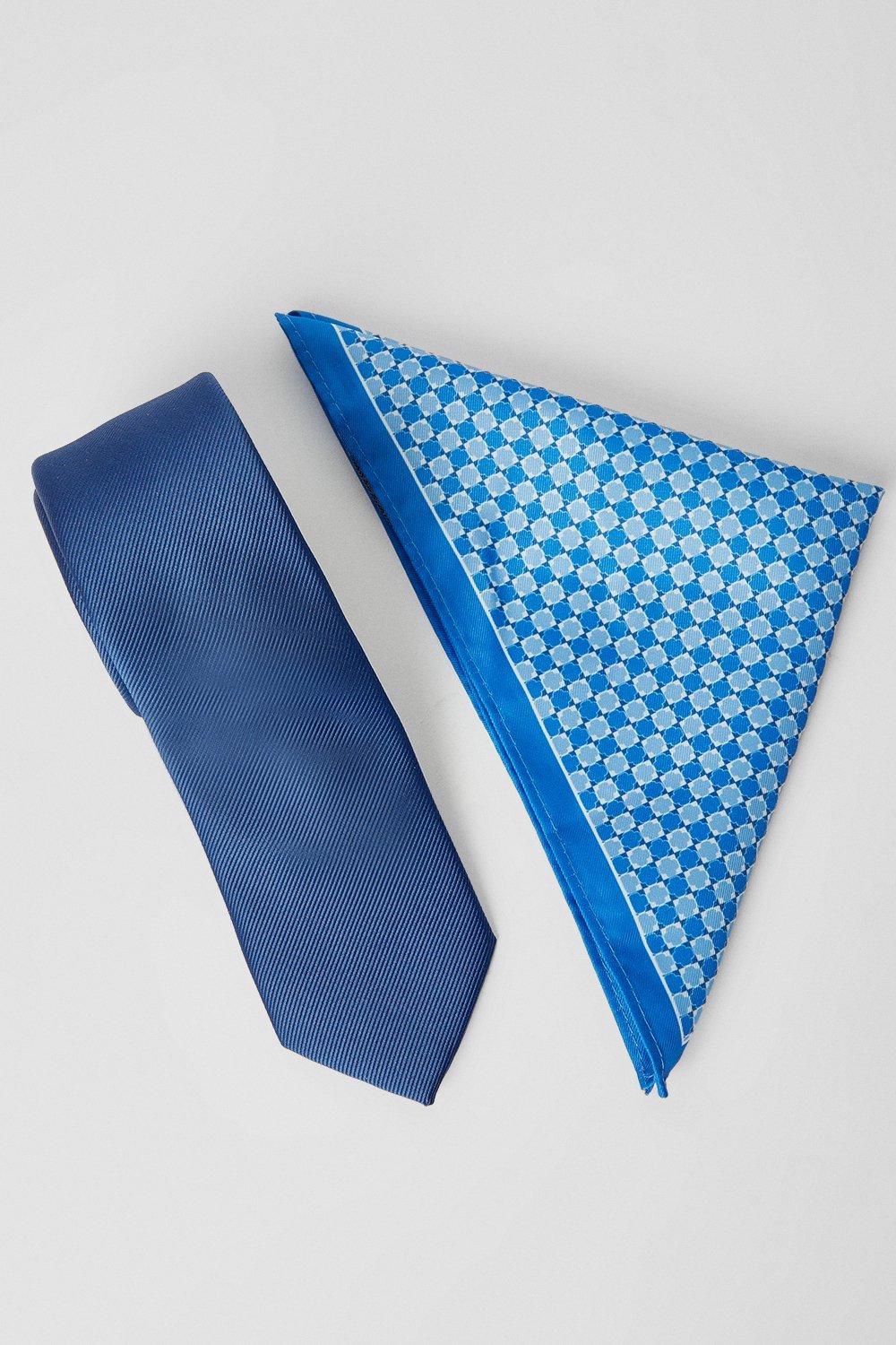 Mens Blue Tie And Geo Pocket Square