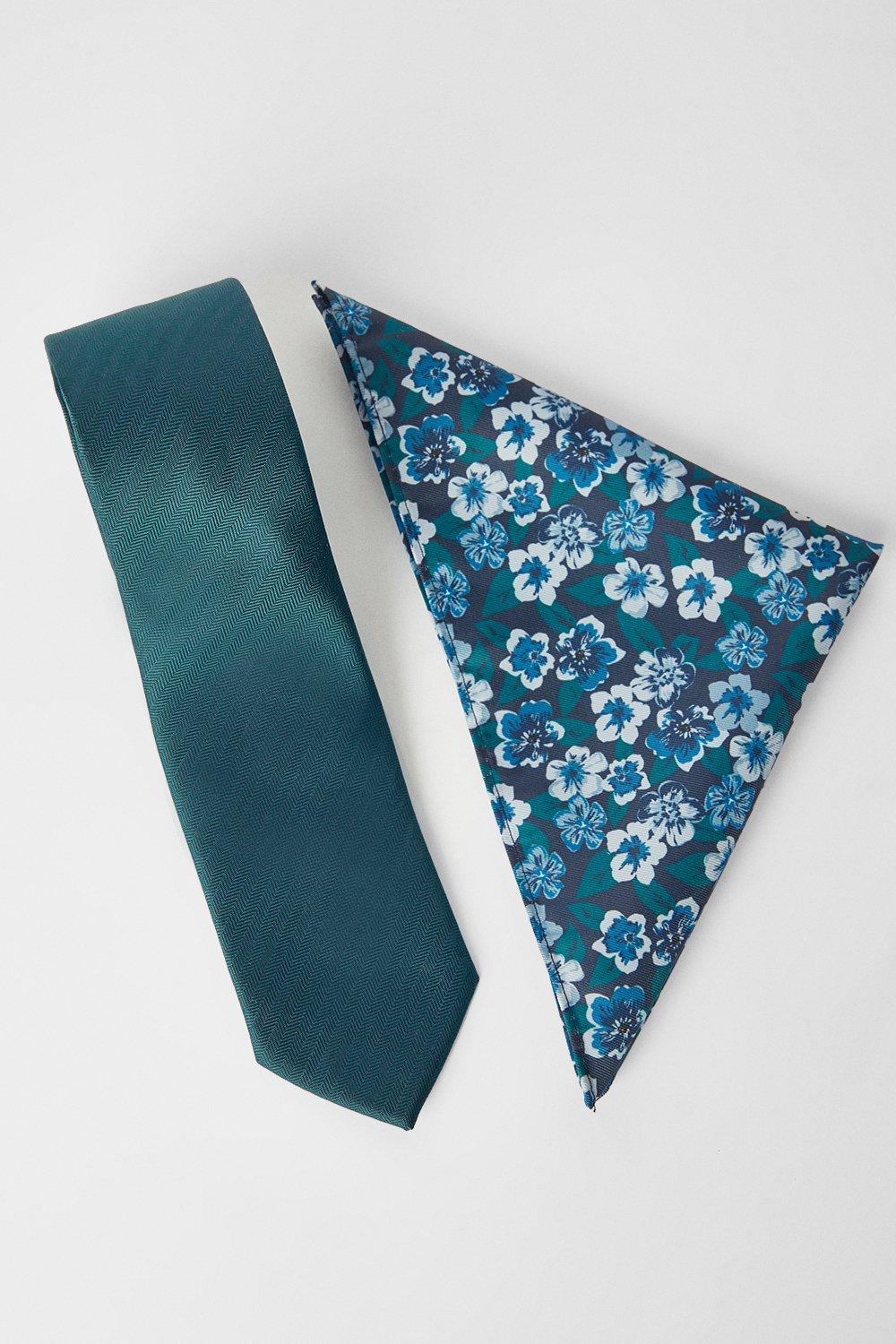 Mens Emerald Tie And Floral Pocket Square