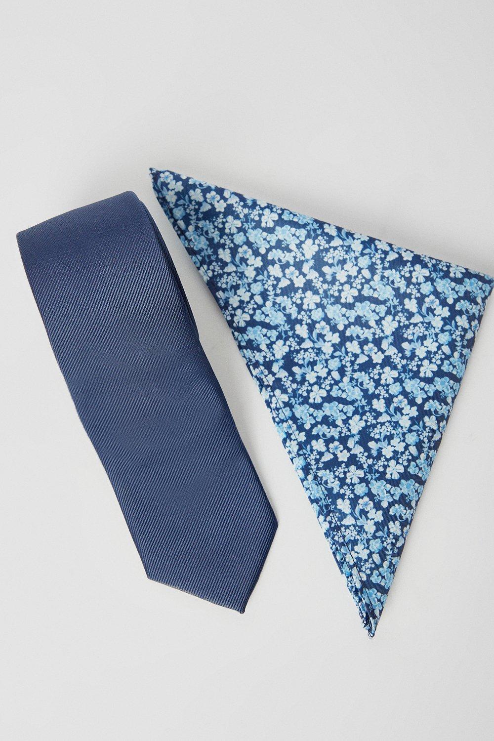 Mens Navy Tie And Ditsy Pocket Square