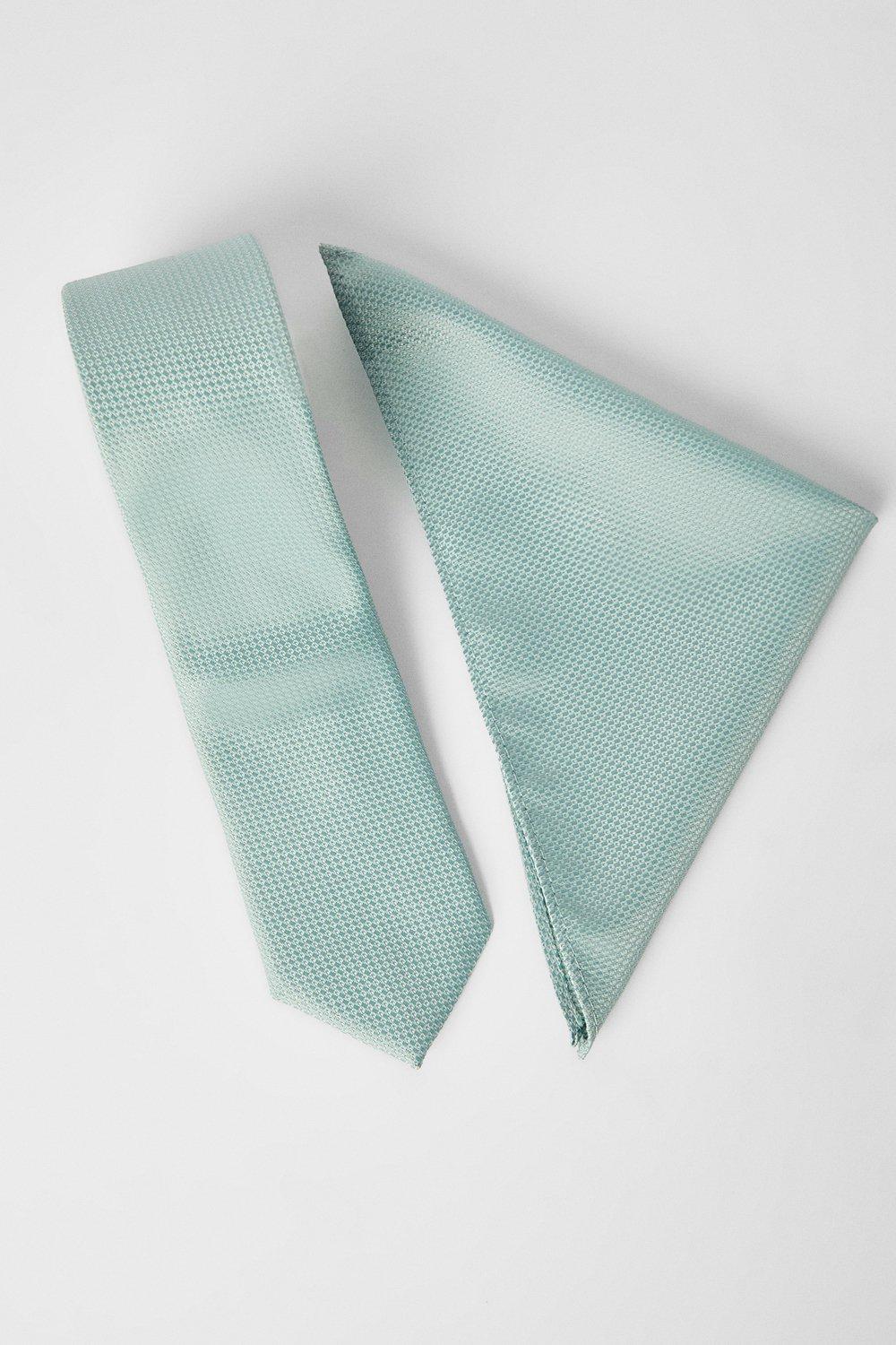 Mens Sage Textured Tie And Pocket Square