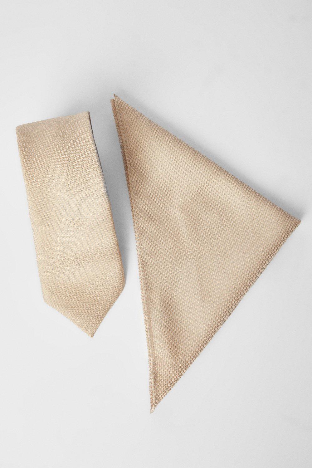 Mens Champagne Textured Tie And Pocket Square