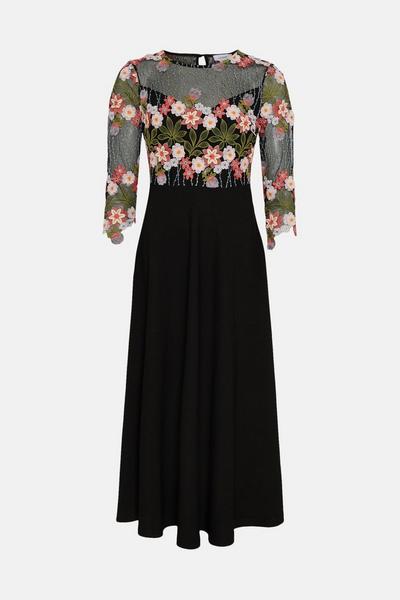 Coast black 3d Floral Lace Bodice Full Skirt Midi Dress